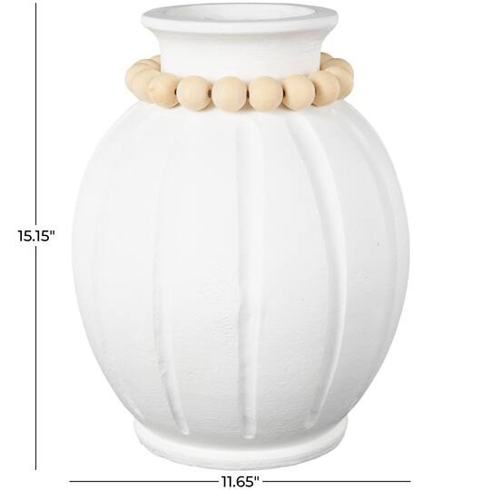 15.25" White with Light Brown Beads & Carved Grooves Decorative Vase